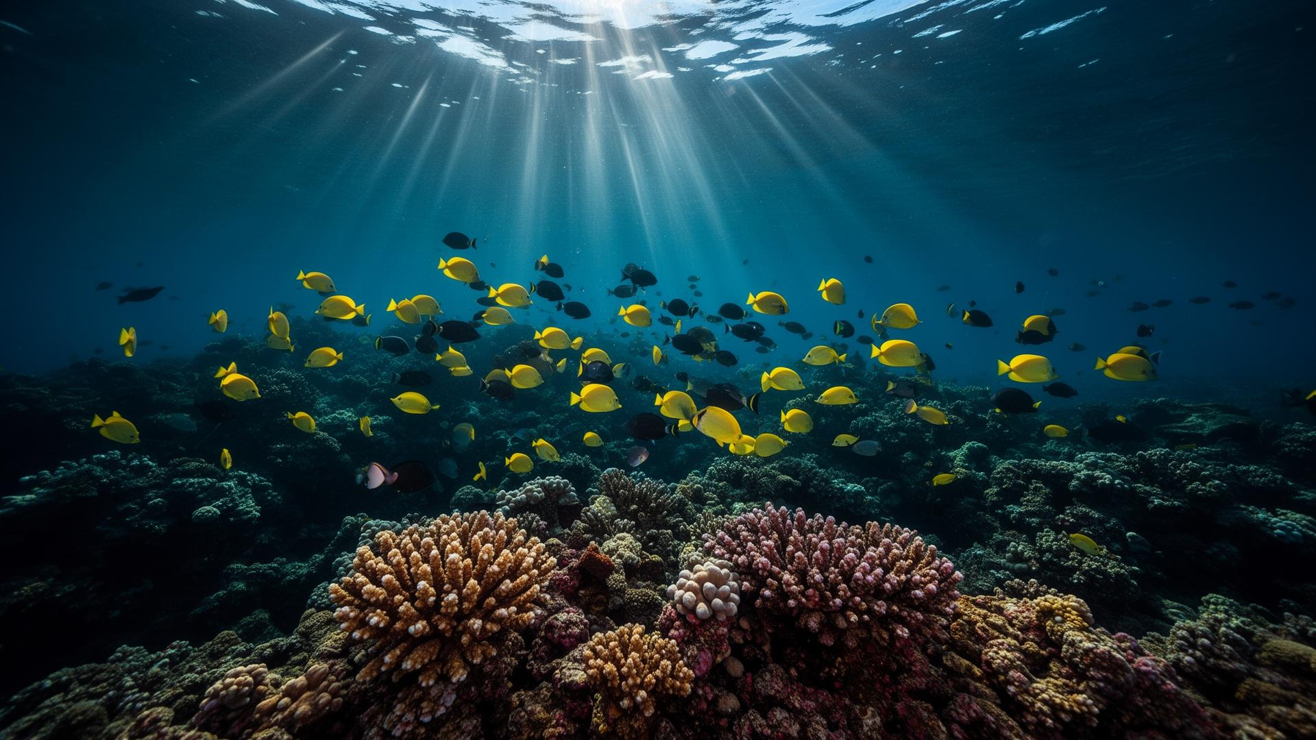 Sunlit Hawaiian coral reef with schools of yellow tang fish
